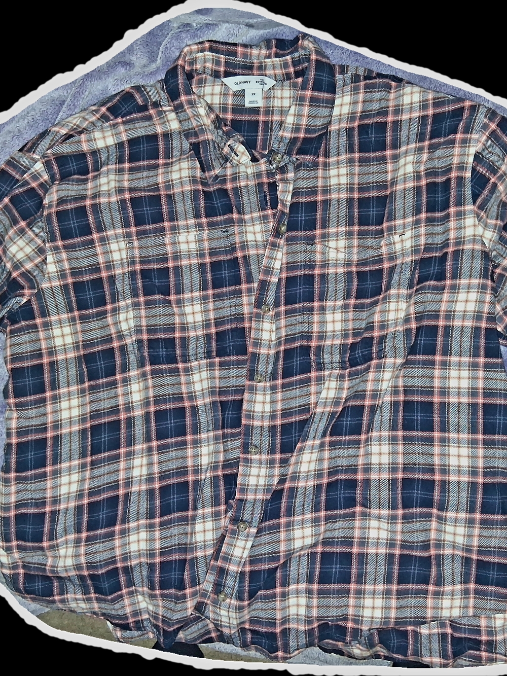 Old Navy Navy and Cream Plaid Button-Down Shirt with Pink Accents
